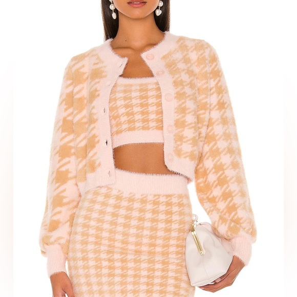 For Love and Lemon Fuzzy Plaid Pink and Tan Cher Cardigan - Picture 1 of 7